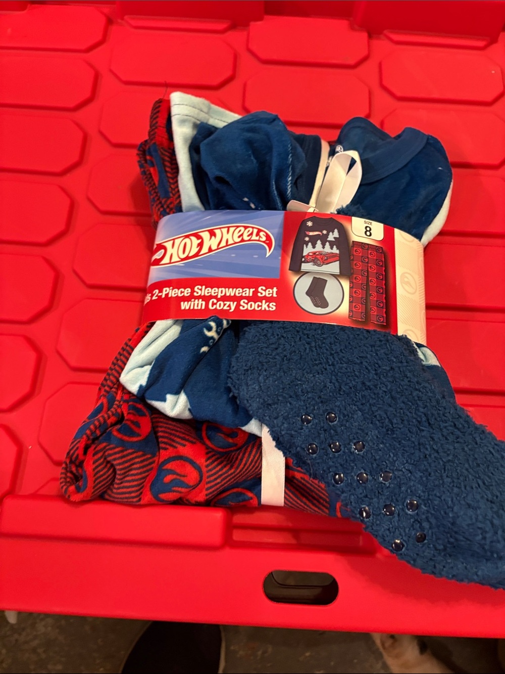 Hot Wheels Boys' 2-Piece Navy and Red Sleepwear Set with Cozy Socks - Size 8